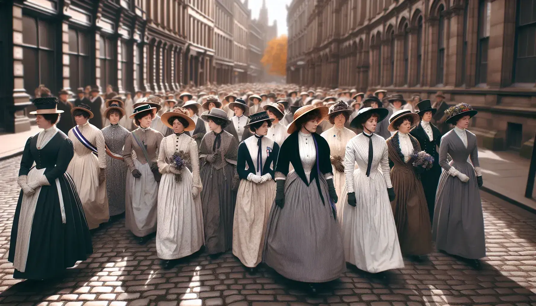 Corteo storico di donne in abiti d'epoca marcia per il suffragio femminile su strada acciottolata, con cartelli vuoti e espressioni determinate.