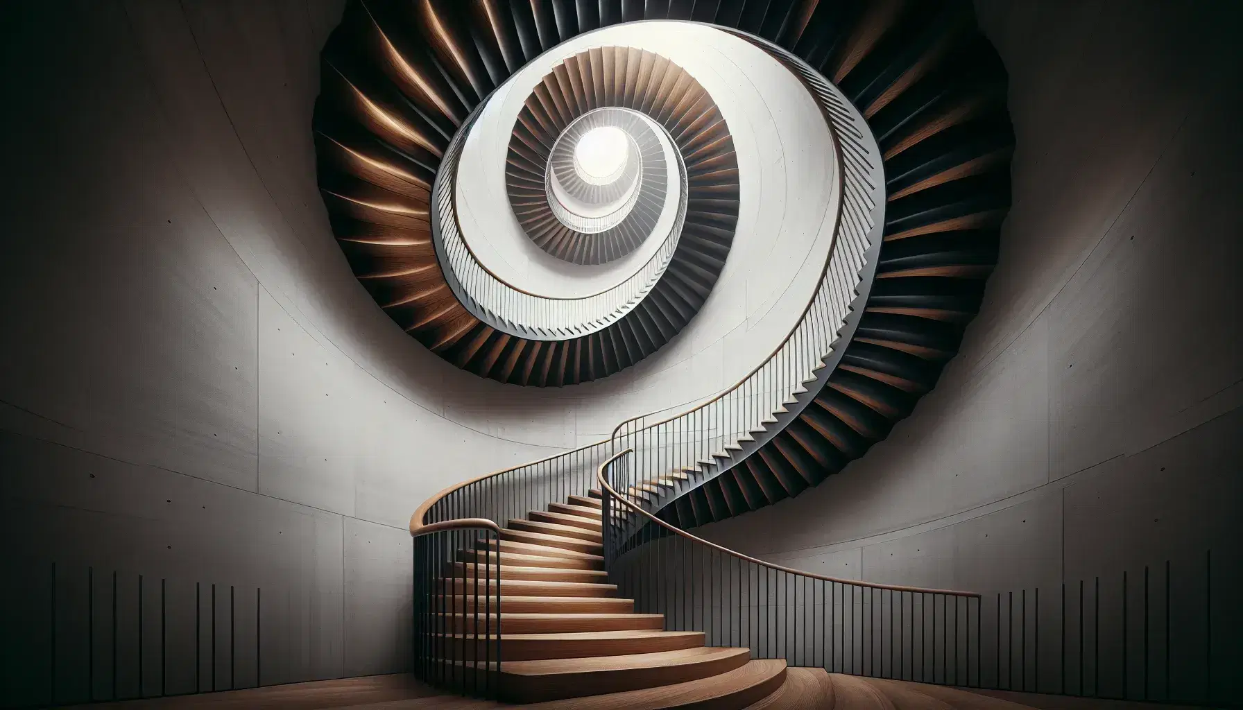 Escalera de caracol con estructura metálica negra y peldaños de madera, vista desde abajo hacia un punto de fuga iluminado en la parte superior.