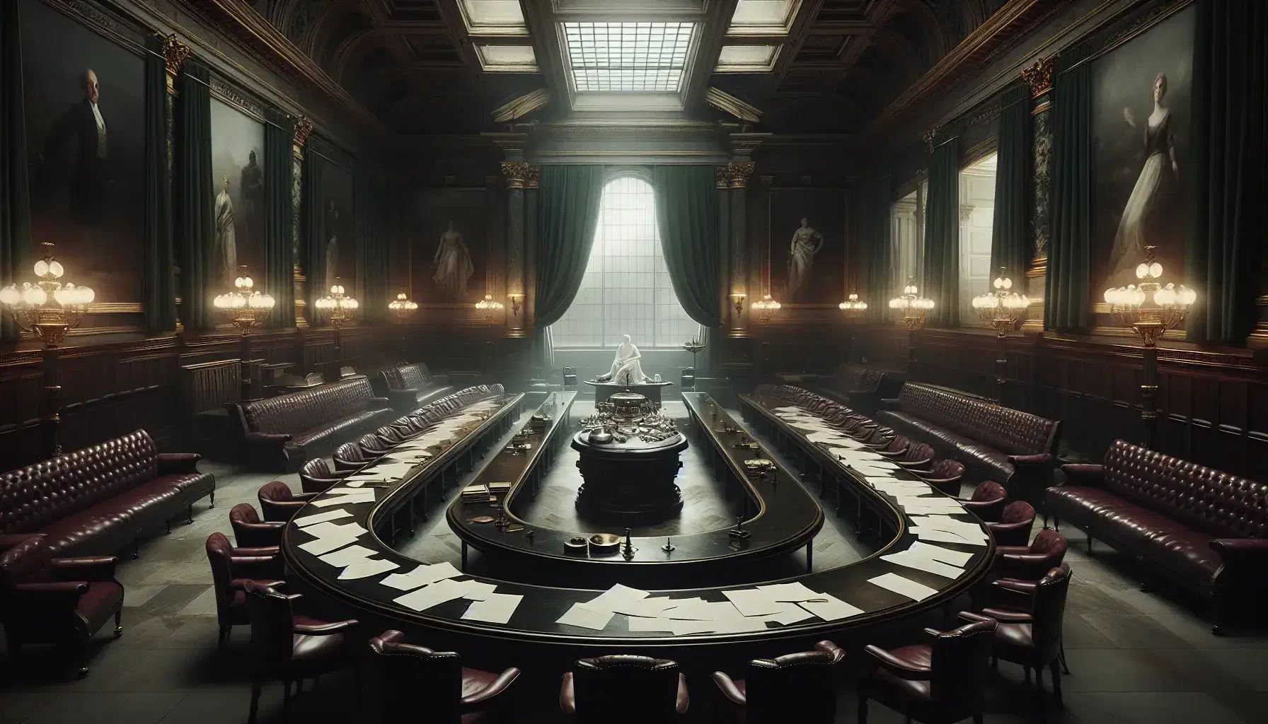 Sala solenne con tavolo ovale, sedie in pelle bordeaux, documenti sparsi, tende verdi, lampadari in ottone e statua della giustizia.