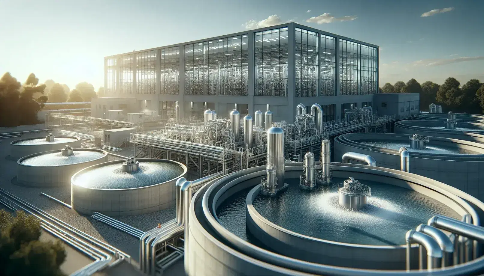 Planta de tratamiento de agua con tanques circulares de concreto y tuberías metálicas bajo cielo azul claro, rodeada de vegetación sin personas visibles.