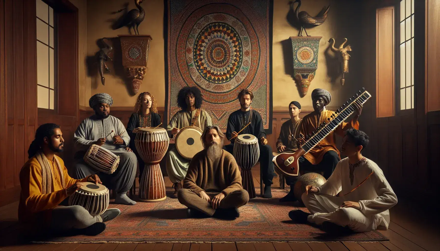 Diverse musicians in a semi-circle with a South Asian playing a djembe, a Hispanic woman on a sitar, and a Black man with a handheld drum, surrounded by cultural artifacts.