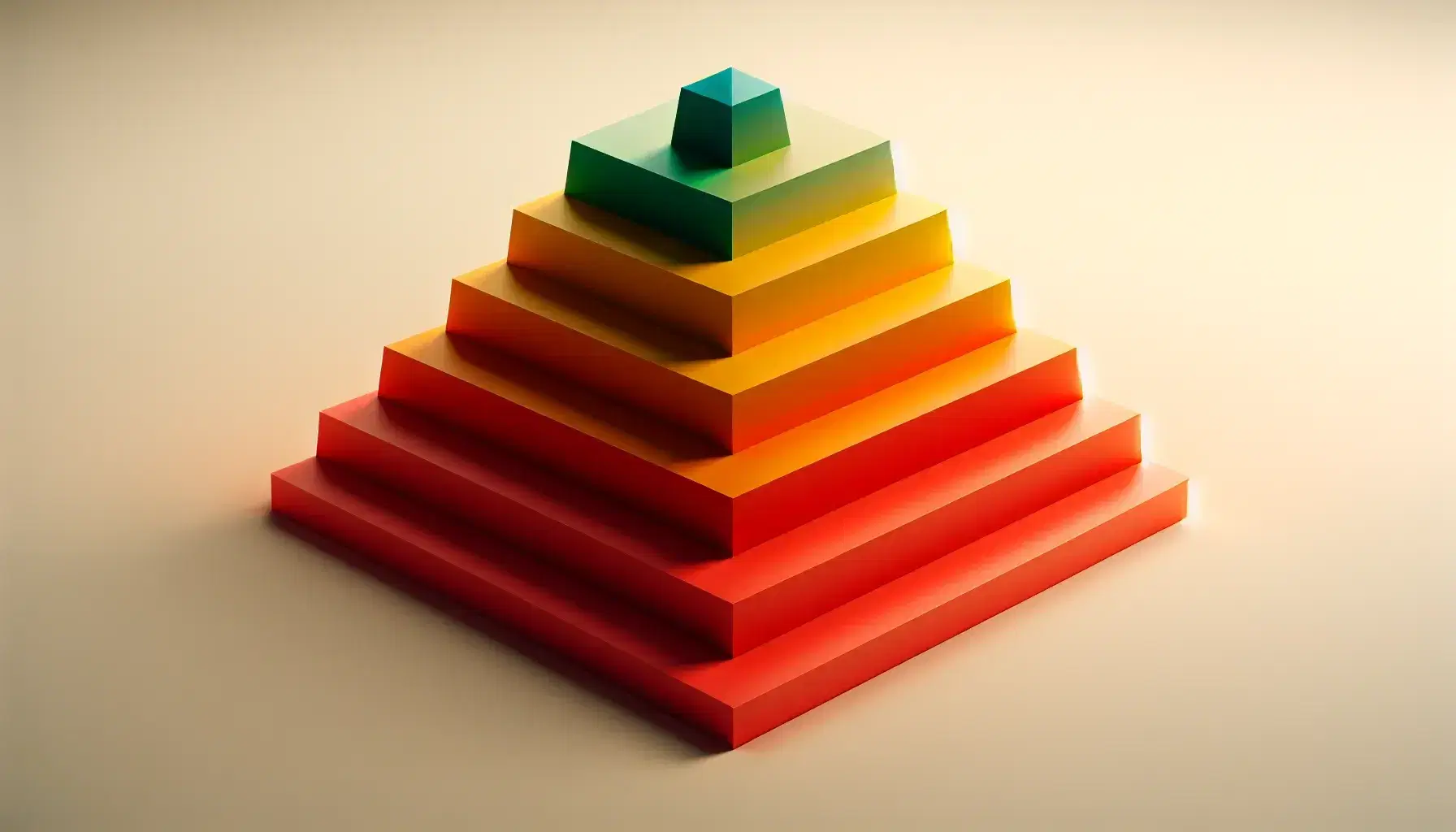 Pirámide tridimensional con cinco niveles de colores rojo, naranja, amarillo, verde claro y azul claro, sobre fondo blanco.