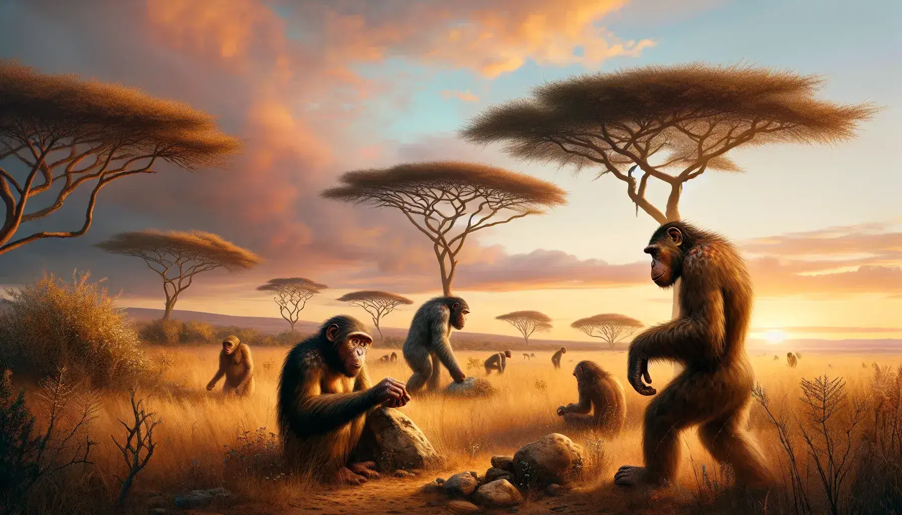 African savannah landscape at sunset with three Australopithecus among golden grass and acacias, monkeys on the ground and hills blurred on the horizon.