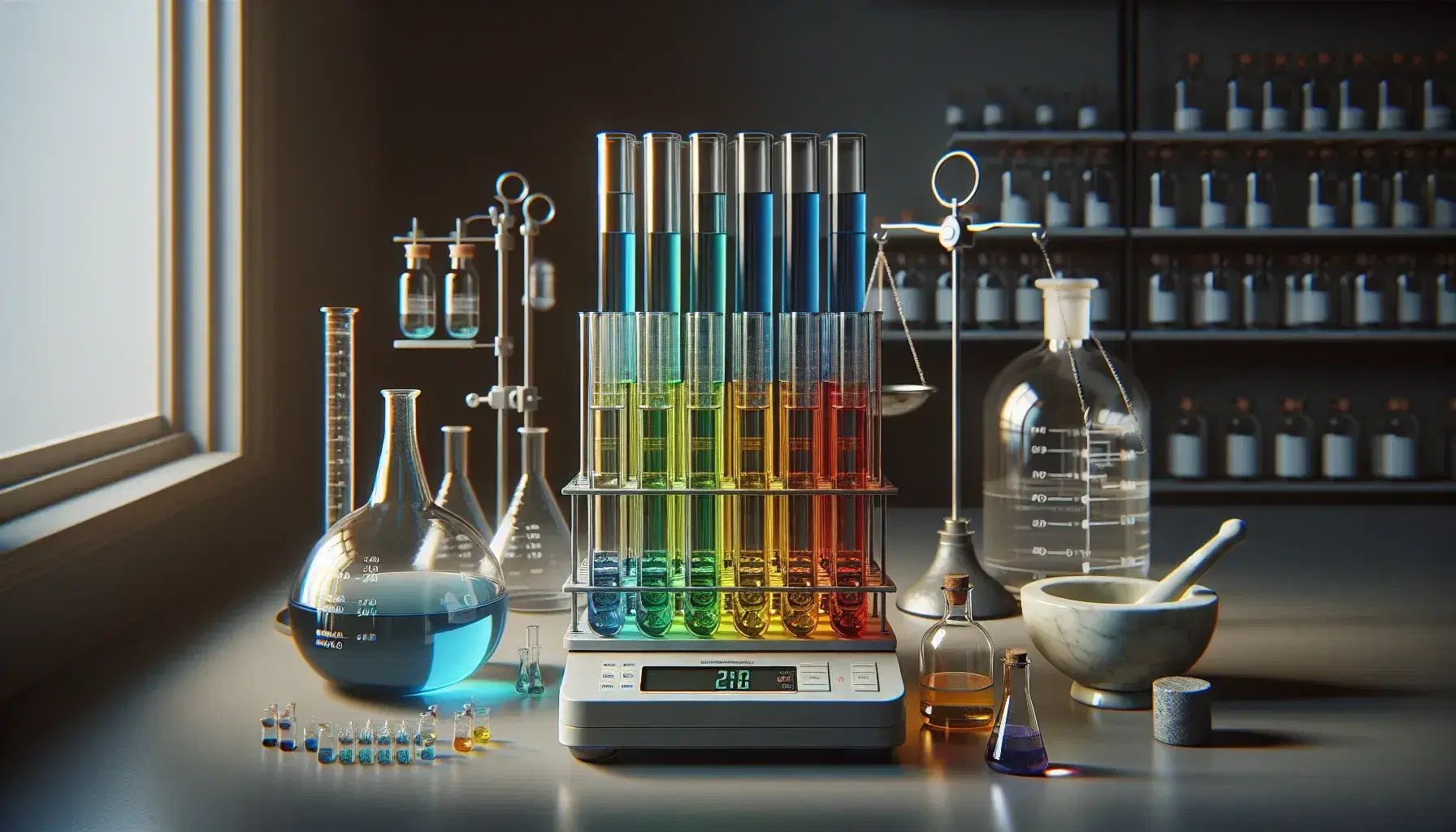 Conjunto de tubos de ensayo con líquidos de colores en soporte metálico, balanza analítica y mortero de porcelana en laboratorio.