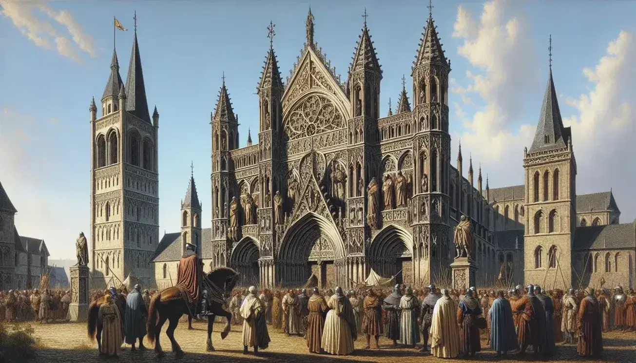 Catedral gótica con torres puntiagudas bajo cielo azul, personas en atuendos medievales y caballero armado a caballo.
