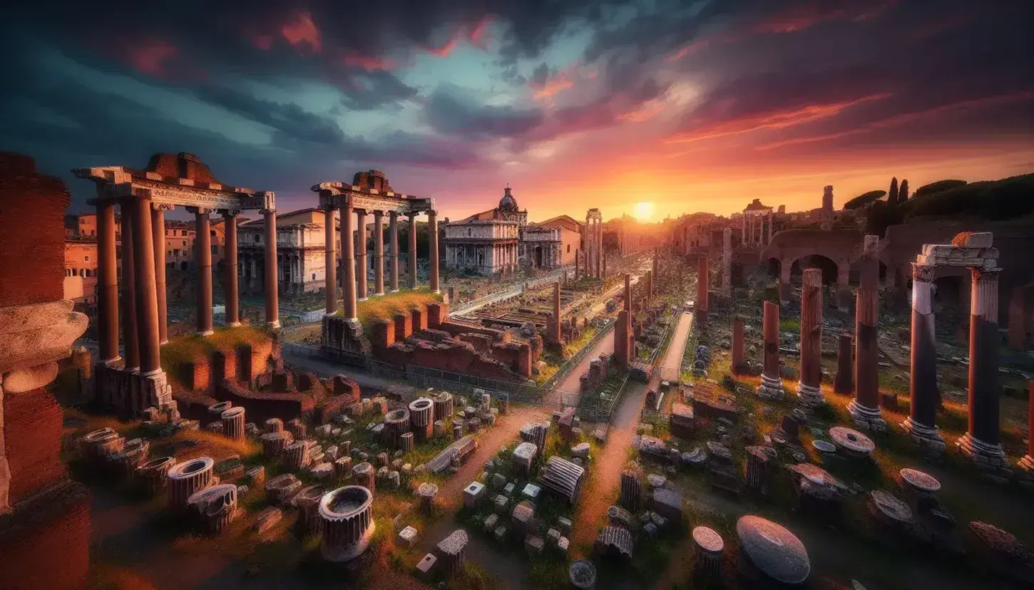 Panorama del Foro Romano al tramonto con colonne corinzie in primo piano, archi antichi sullo sfondo e cielo sfumato arancio-blu.
