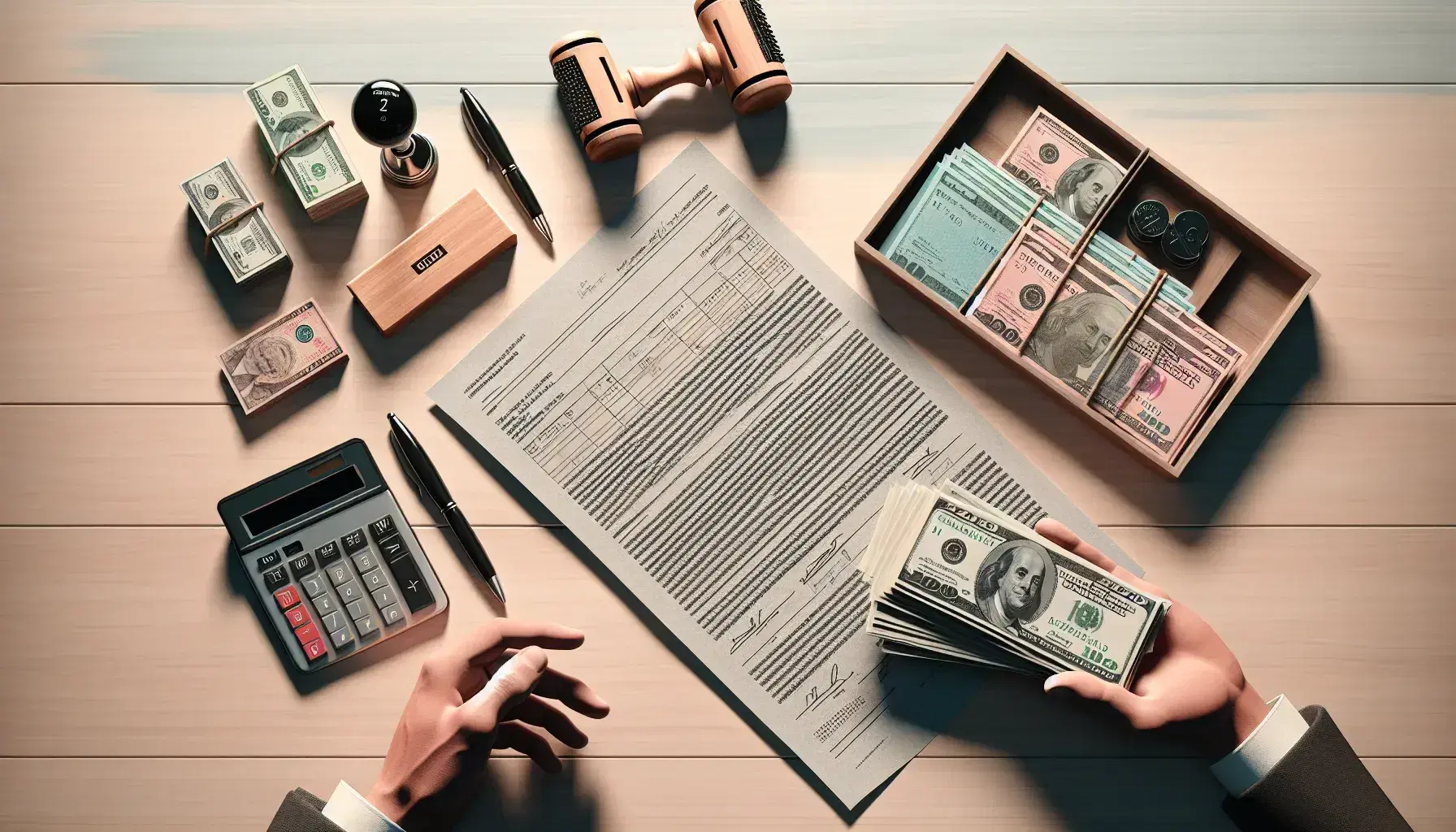 Manos intercambiando dinero en efectivo sobre mesa de madera en ambiente de oficina con calculadora, bolígrafo, documento y sello de goma.