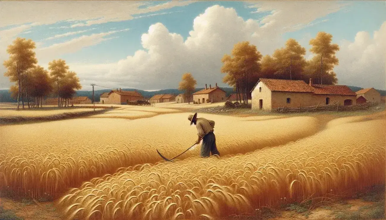 Campo di grano dorato con contadino che miete e cagnolino pastore, case rurali sullo sfondo e cielo azzurro.