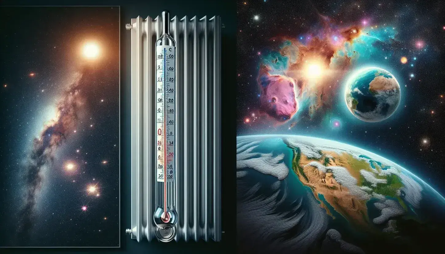 Termómetro de mercurio con escala graduada y nivel medio frente a un paisaje espacial con estrellas brillantes, una nebulosa colorida y la Tierra iluminada por el sol junto a un radiador metálico.