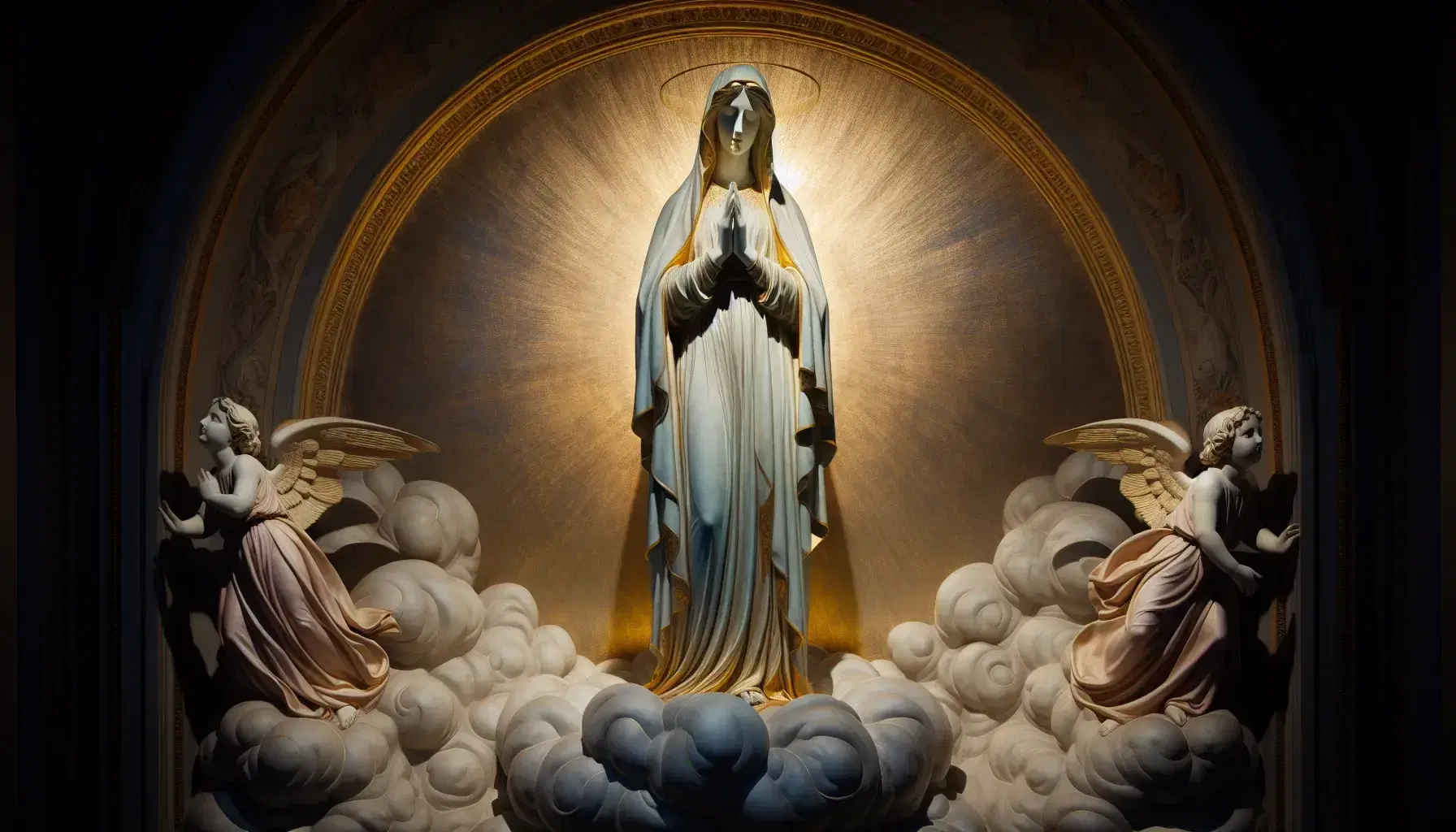 Estatua de figura femenina en oración con manto azul y bordes dorados, sobre base de nube con ángeles a los lados, iluminada creando halo.