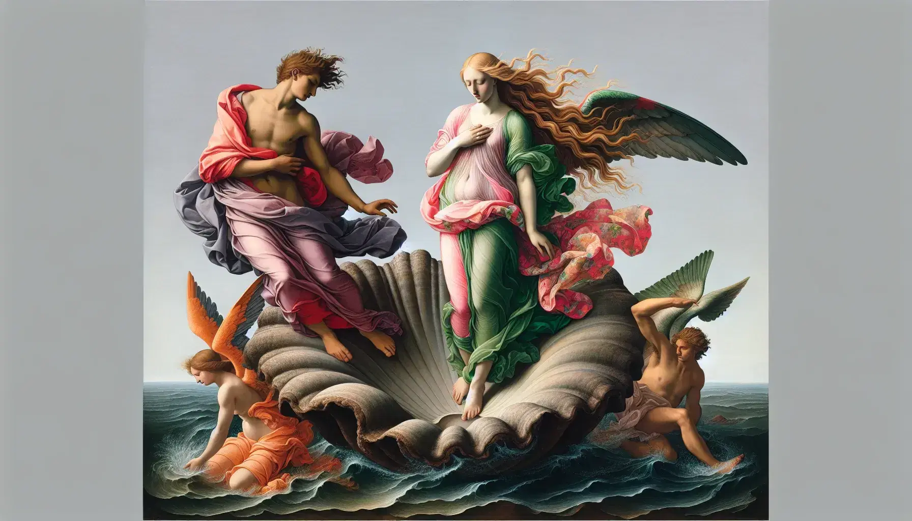 La Nascita di Venere di Botticelli, figura femminile su conchiglia con capelli biondi, accolta da figure mitologiche su sfondo marino e cielo azzurro.