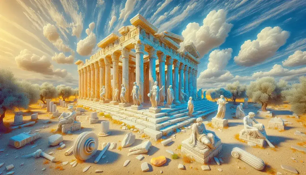 Tempio greco antico in rovina con colonne corinzie, statue degli dei olimpici e oggetti storici sotto un cielo azzurro.