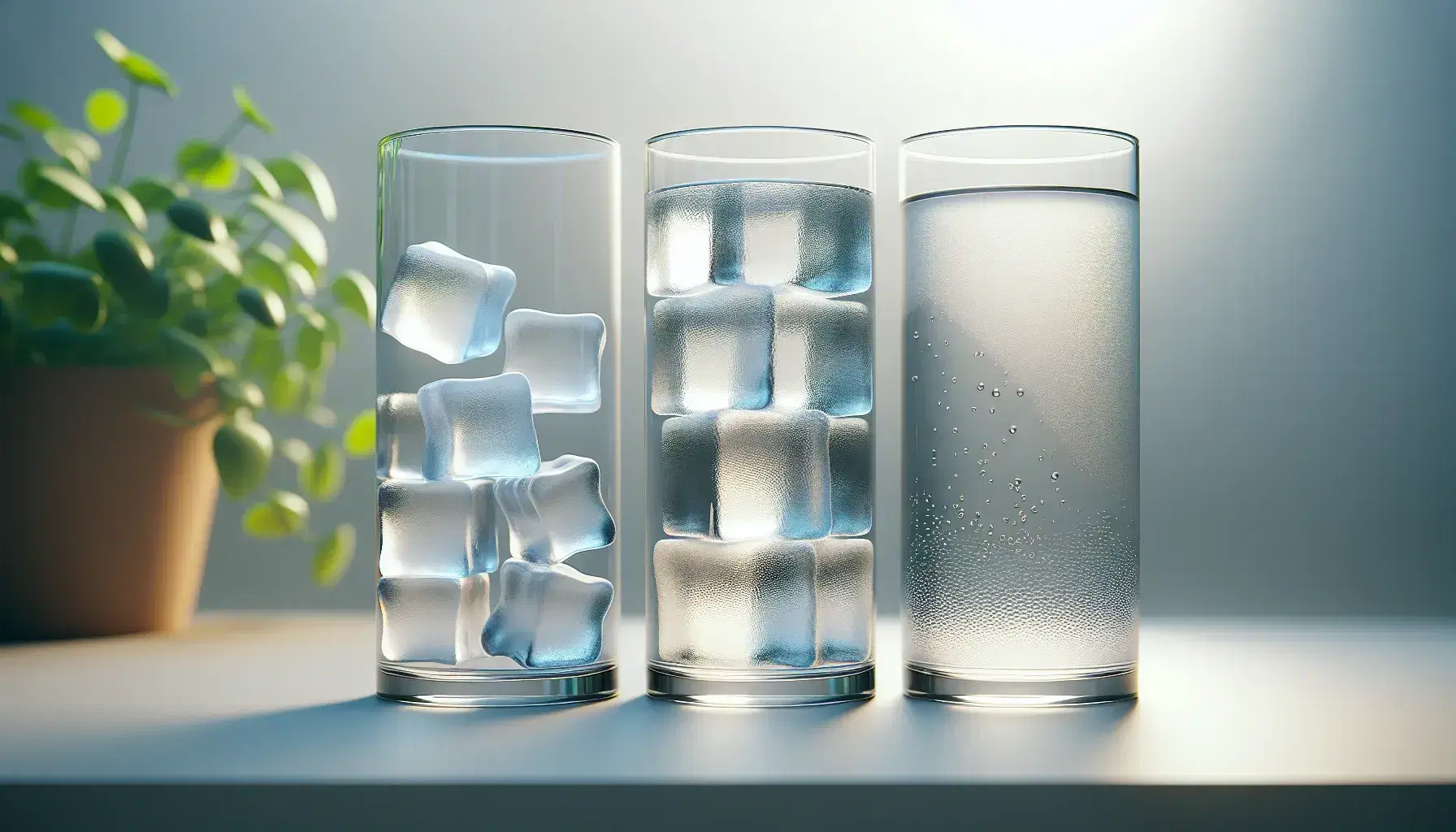 Tre bicchieri trasparenti su superficie grigia con cubetti di ghiaccio, acqua e vapore, sfondo di foglie verdi.