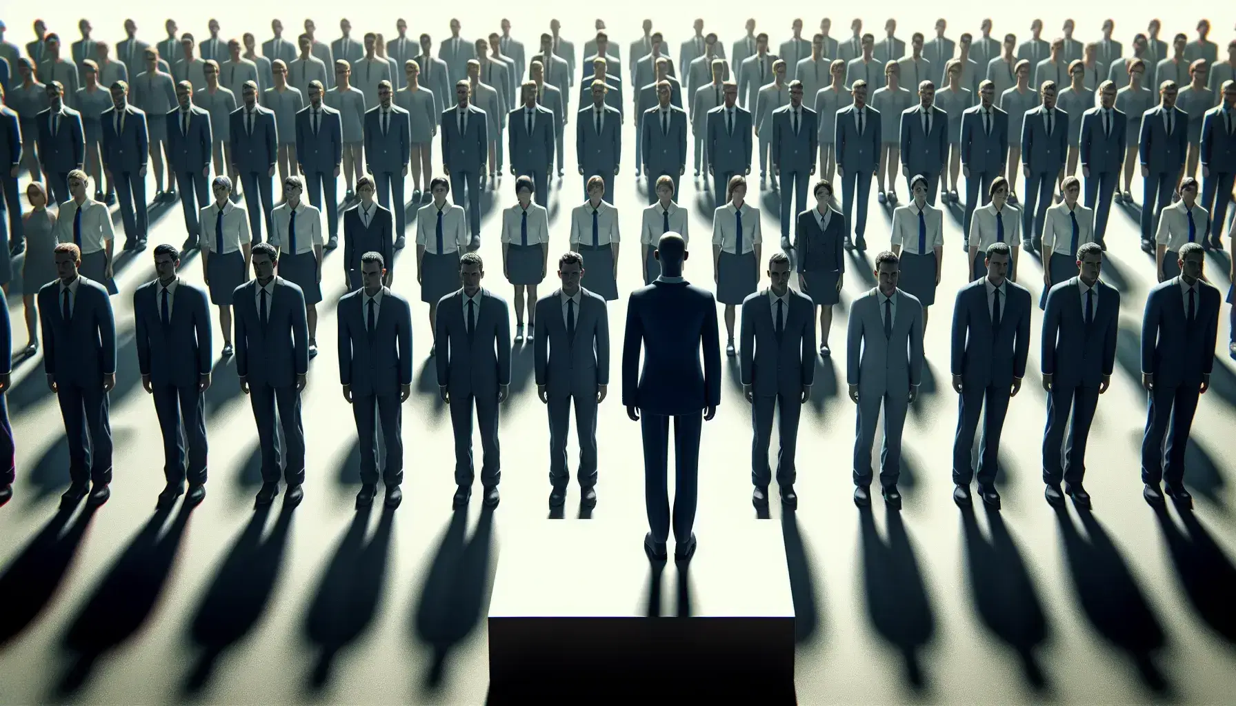 Group of people in hierarchical formation with individual in foreground on platform in dark suit and others in casual clothing in neutral background.