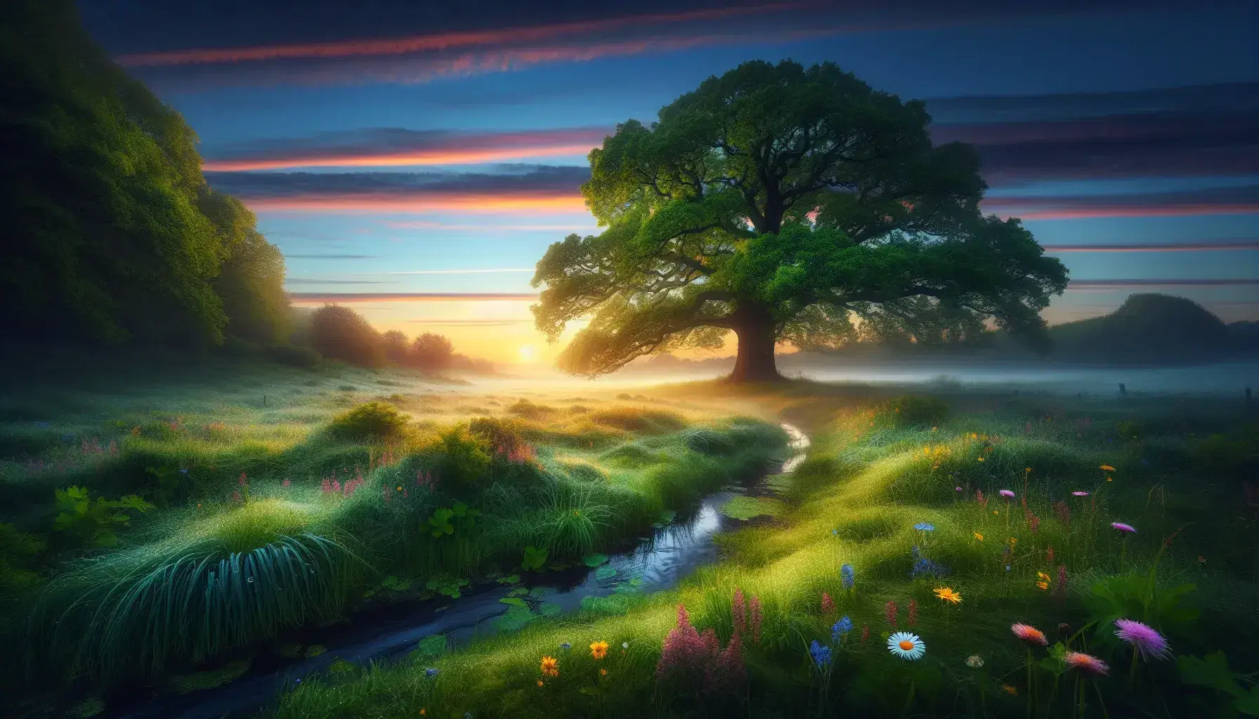 Serene dawn landscape with dewy meadow, wildflowers, a reflective stream, an ancient oak tree, and a solitary deer under a pastel sky.