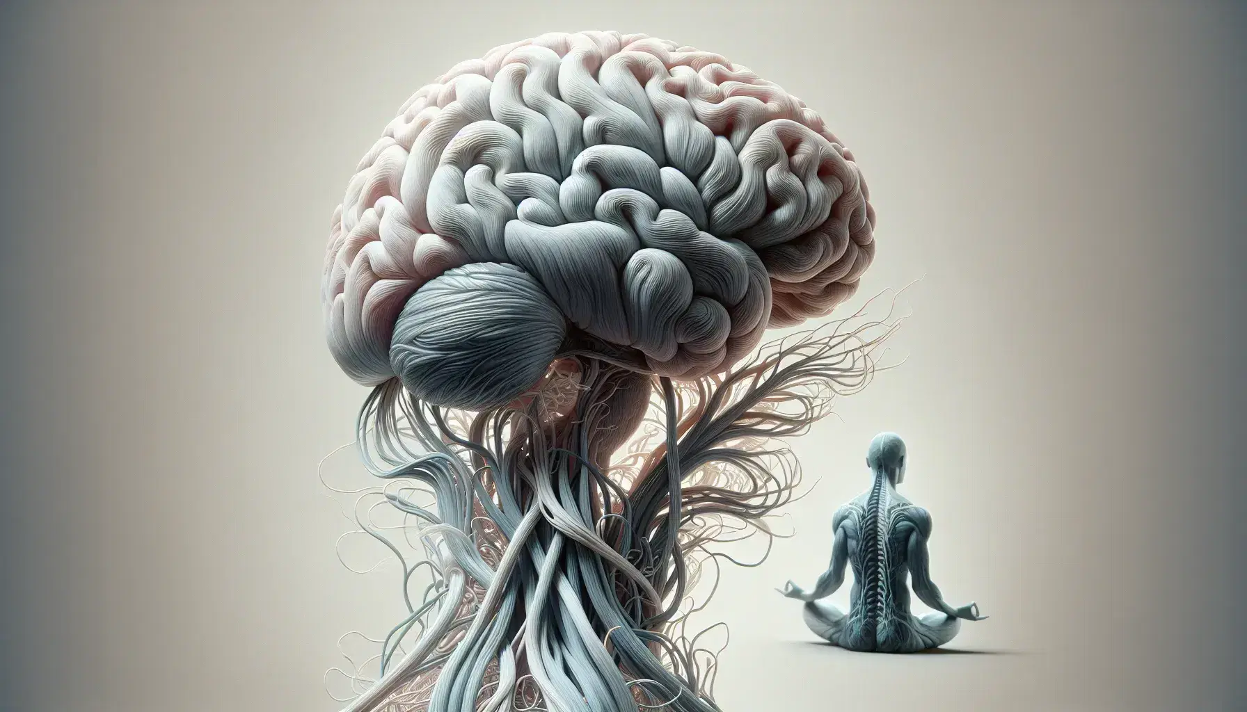 Cerebro humano en tonos grises y rosados con textura detallada y fibras nerviosas que se extienden hacia una silueta meditando, simbolizando la conexión mente-cuerpo.