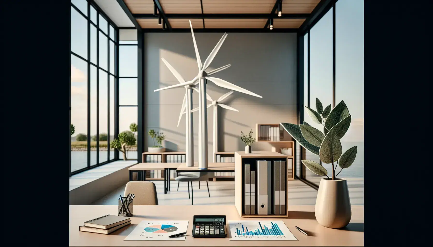 Oficina moderna y luminosa con mesa de madera, calculadora científica, gráficos de colores, maqueta de aerogenerador y planta interior, junto a ventana con cielo azul.