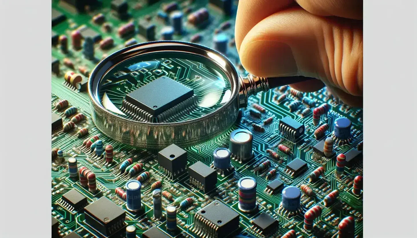 Close-up of a magnifying glass with a silver rim and a dark wooden handle on an electronic board with various components and green paths.