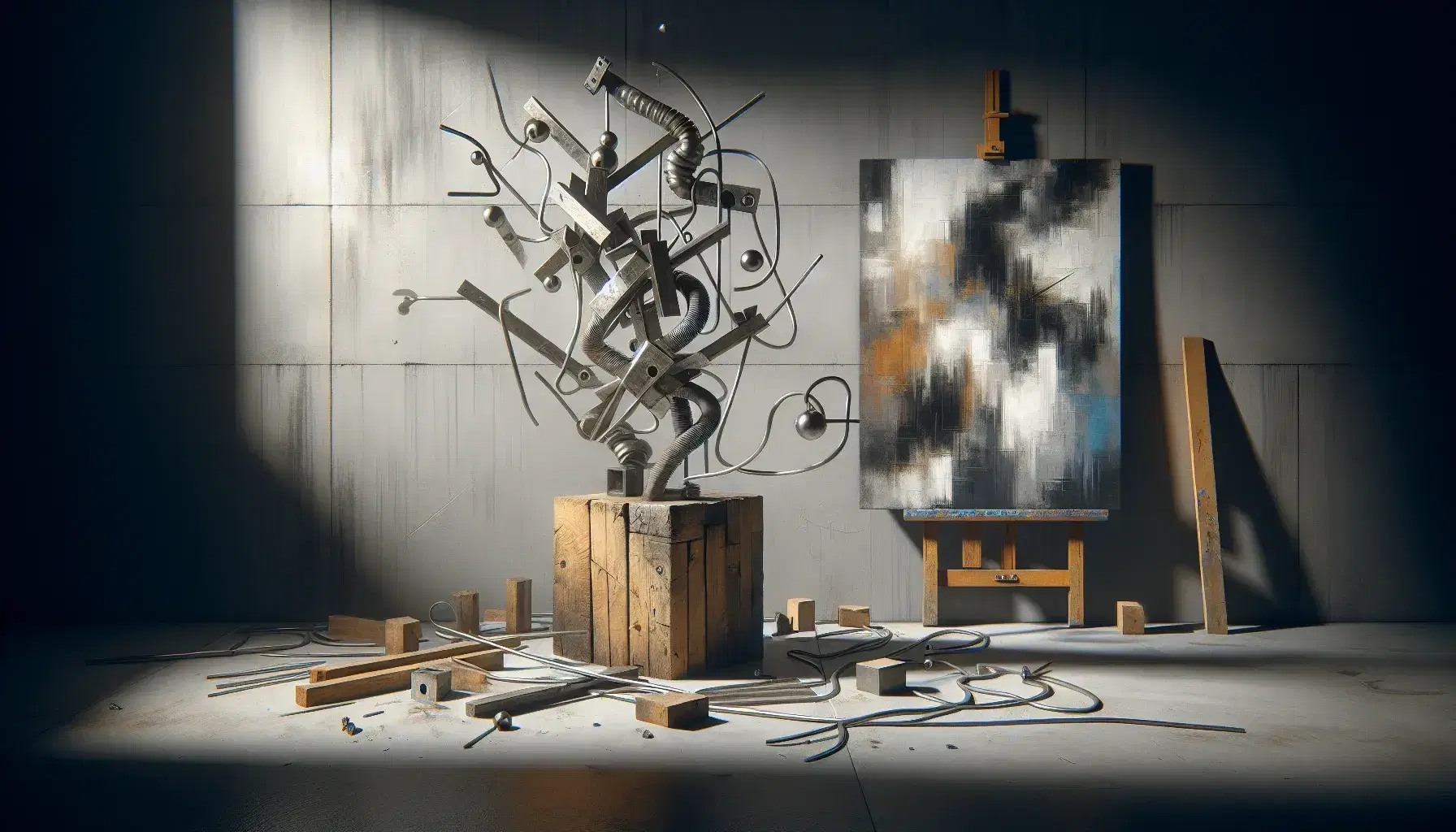 Composizione dadaista con scultura astratta di metalli e legno su base in legno grezzo, manichino flessibile e sfondo dipinto tempestoso.