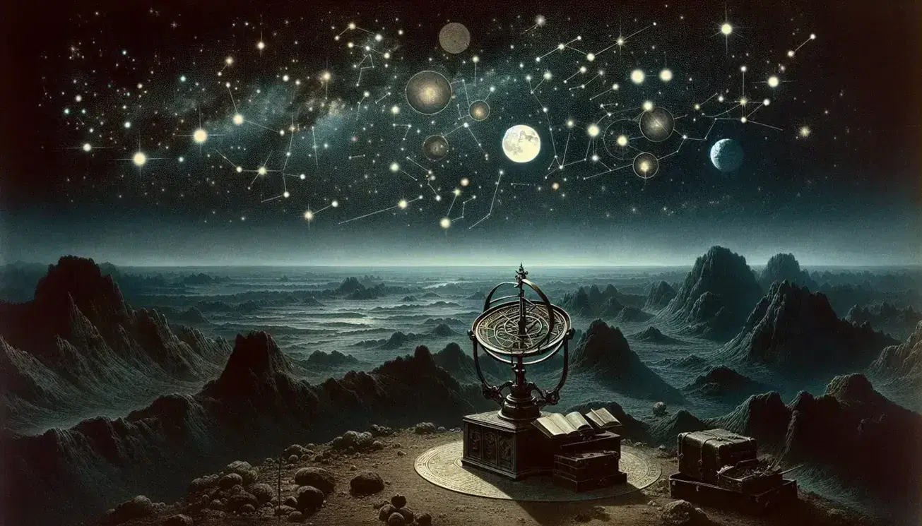 Cielo notturno stellato con luna piena, paesaggio roccioso, figura umana con telescopio vintage e astrolabio antico su piedistallo.
