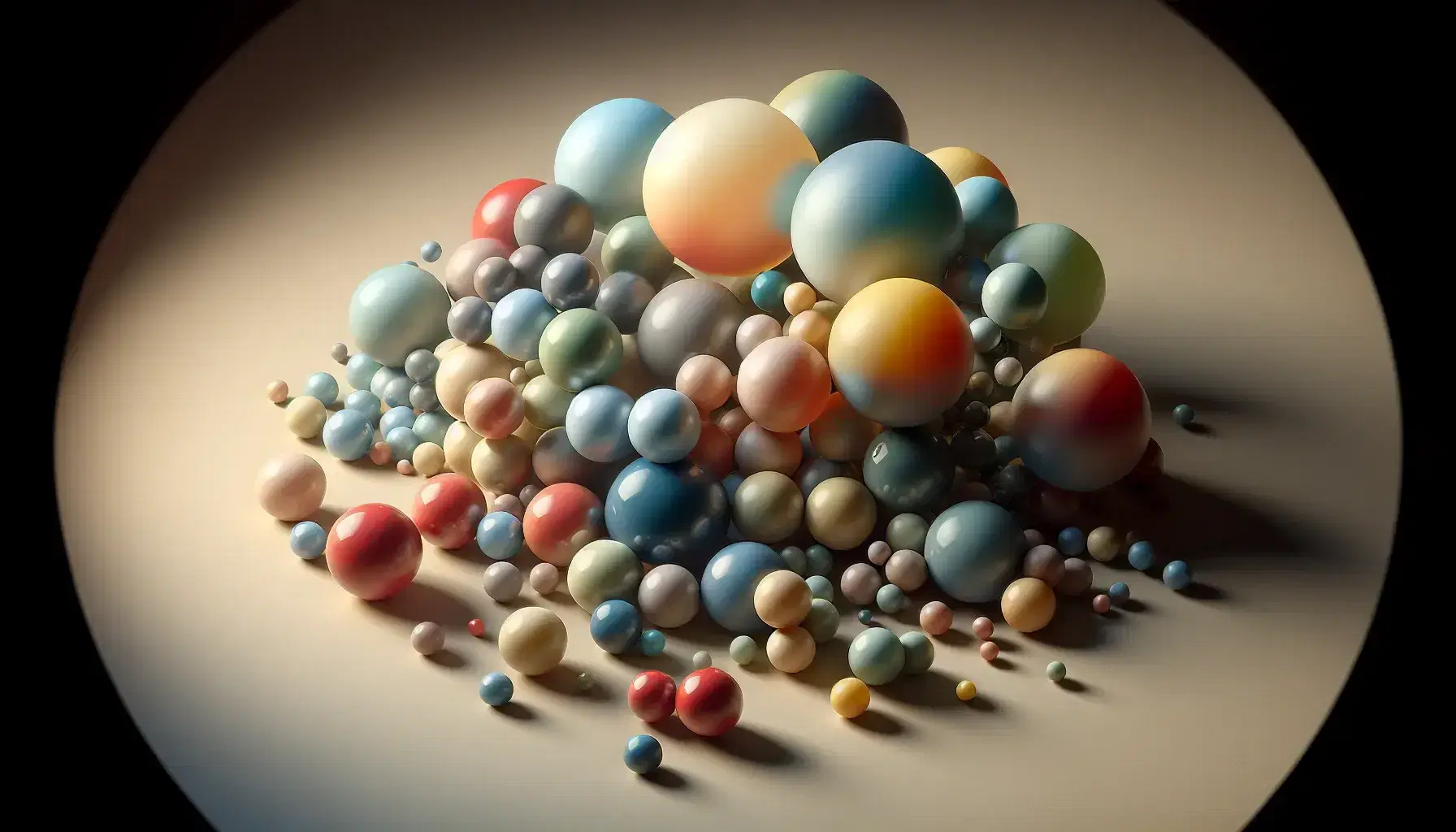 Colección de esferas multicolores con efecto de vidrio sobre superficie neutra, reflejando luz y creando sombras suaves.