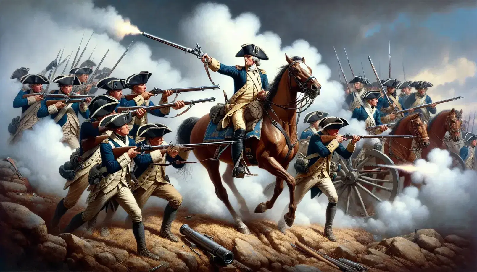 Continental Army soldiers in line formation firing muskets, with an officer on a rearing horse and artillerymen by a cannon, amidst a Revolutionary War battle scene.