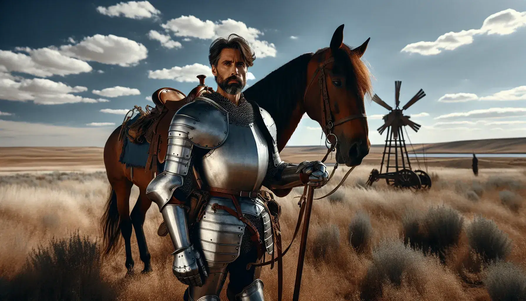 Caballero de mediana edad con armadura plateada y casco, sosteniendo una lanza, junto a un caballo marrón en paisaje árido con molinos al fondo.