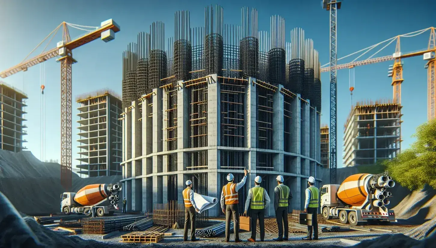 Sitio de construcción con estructura de concreto reforzado en progreso, ingenieros discutiendo planes y grúa con mezcladora de concreto en un día soleado.