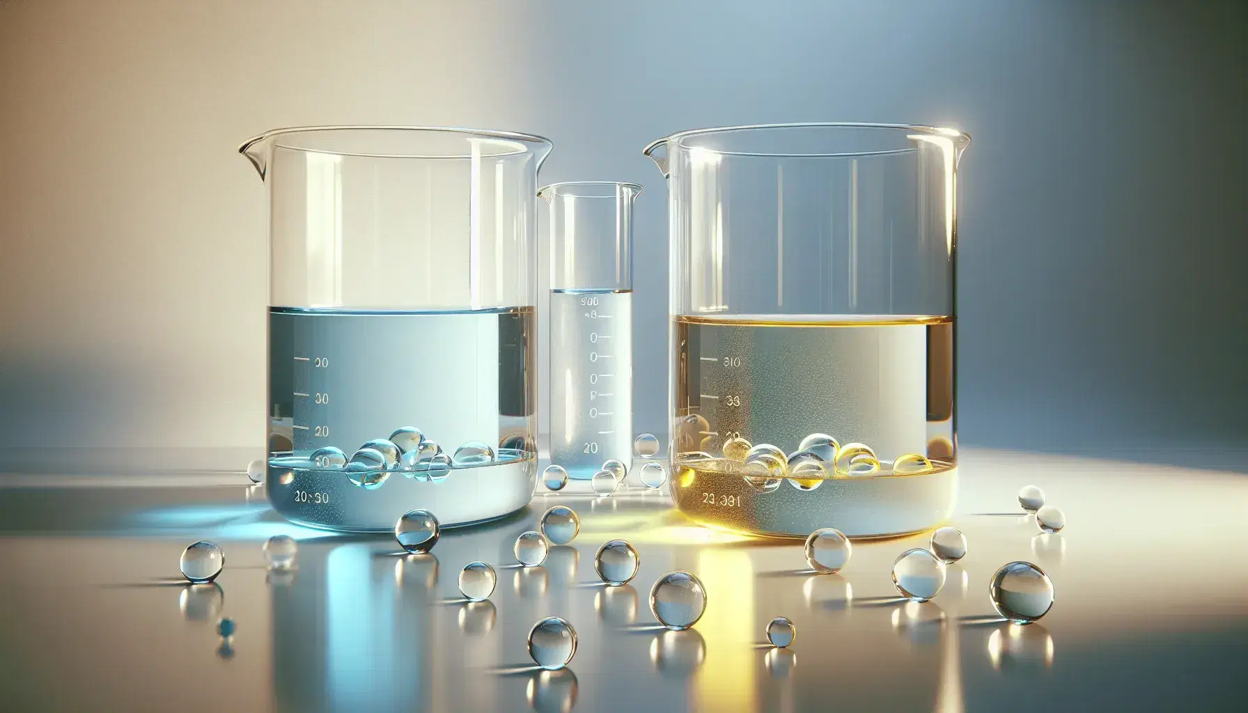 Tres matraces de vidrio con líquidos de colores azul claro, amarillo y transparente alineados en una superficie blanca con esferas de vidrio reflejando luz.