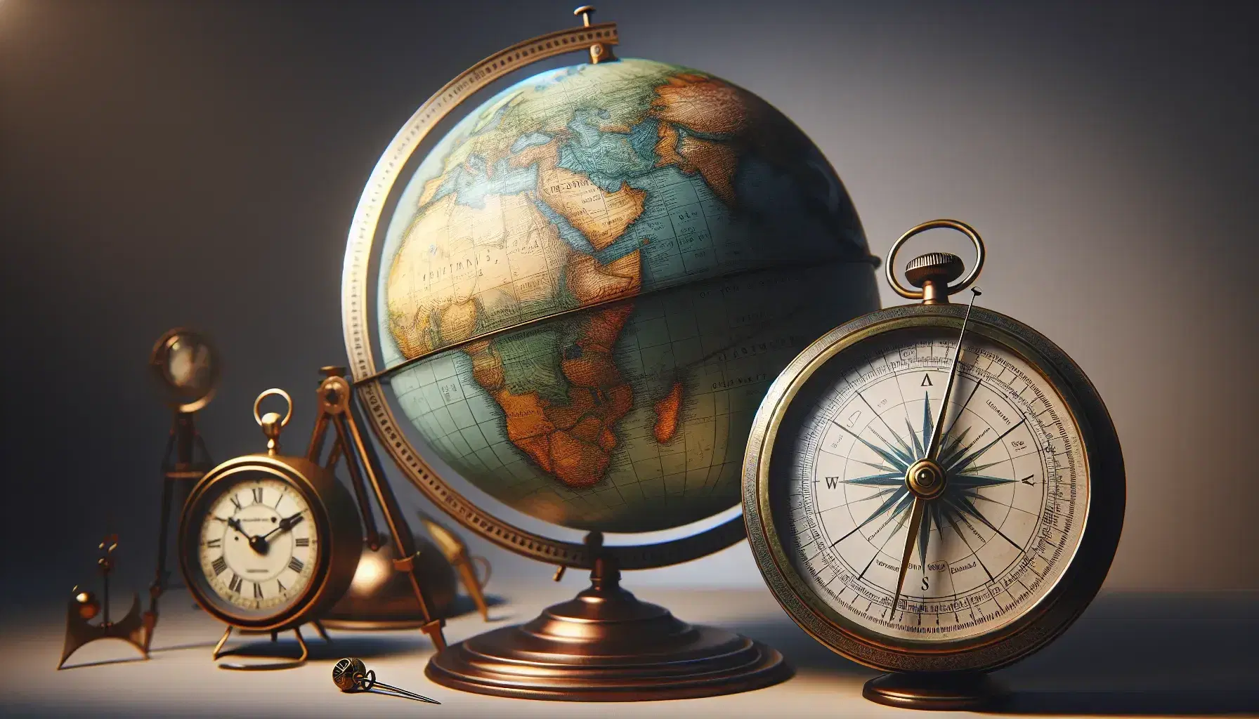 Globo terrestre illuminato con continenti in verde, orologio analogico dorato e bussola antica in ottone, sextante sfocato in alto.