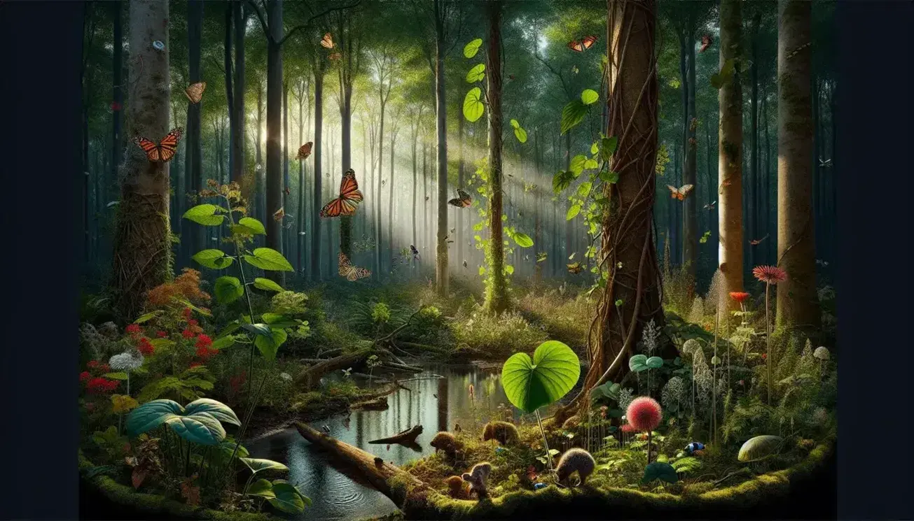 Bosque diverso con mariposas en flores coloridas, árboles altos, enredaderas, musgo, un ave sobre un arroyo y un roedor bebiendo agua.
