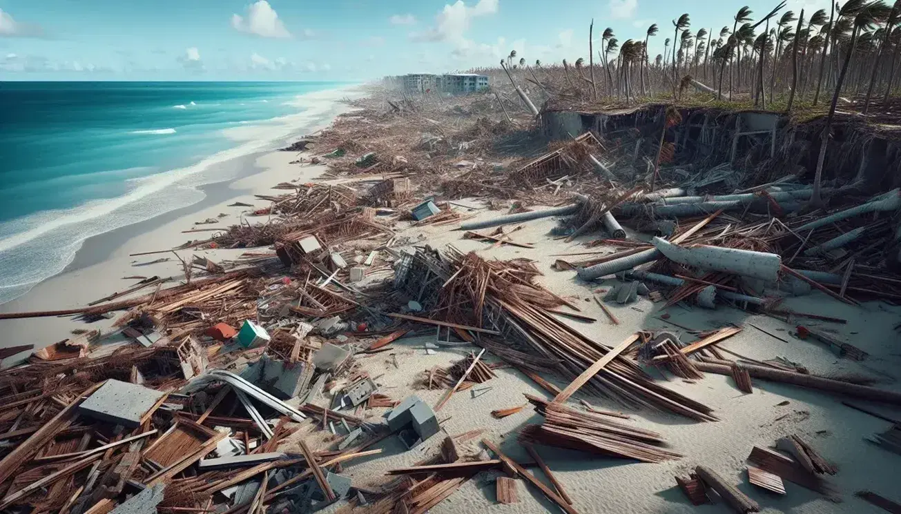 Devastated coastline with debris on the beach, leaning palm trees and damaged buildings under a clear sky and calm sea.
