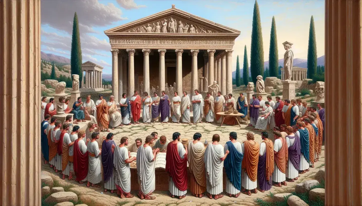 Scena romana antica con persone in toga discutenti, vestali, tempio con colonne corinzie, papiro e stilo in primo piano.
