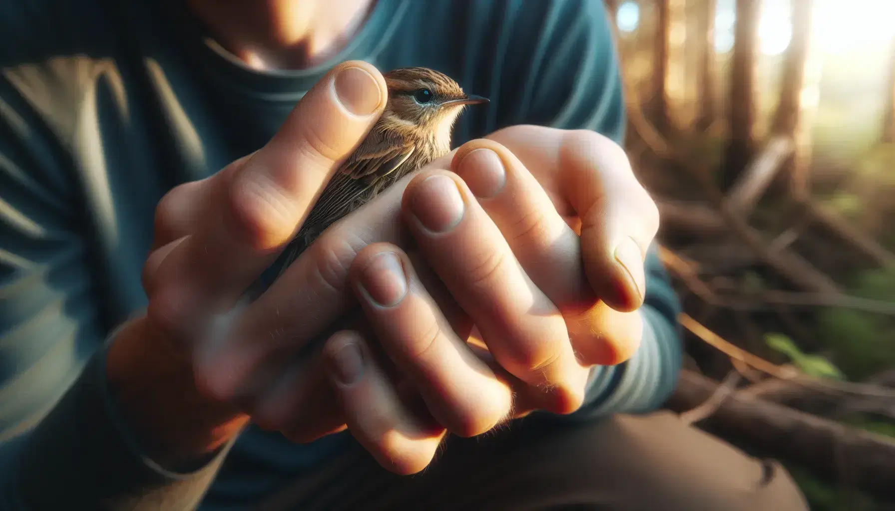Manos humanas protegiendo delicadamente un pequeño pájaro de plumaje marrón y beige, con pico negro y ojos vivaces, en un fondo natural desenfocado.