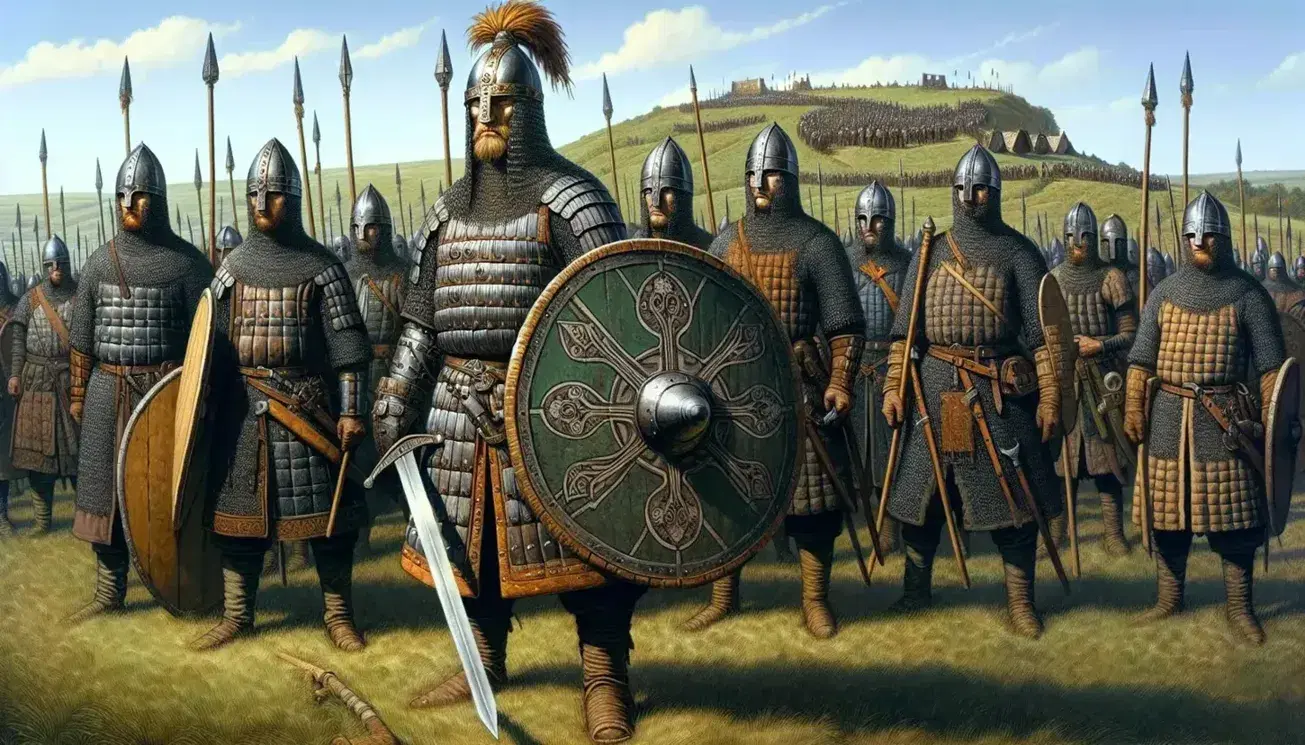 Guerriglieri in armatura Lombarda con elmi, scudi rotondi e spade su terreno erboso, tende militari sullo sfondo.