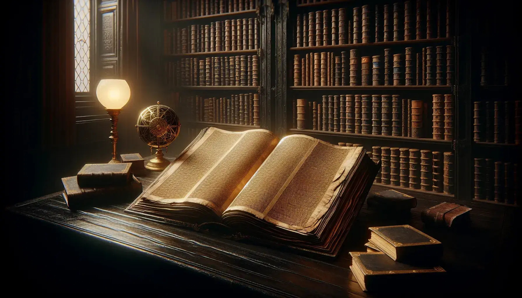Libro antico aperto su tavolo in legno con lampada, sfondo di scaffali con libri rilegati e sfera armillare, tessuto rosso in primo piano.