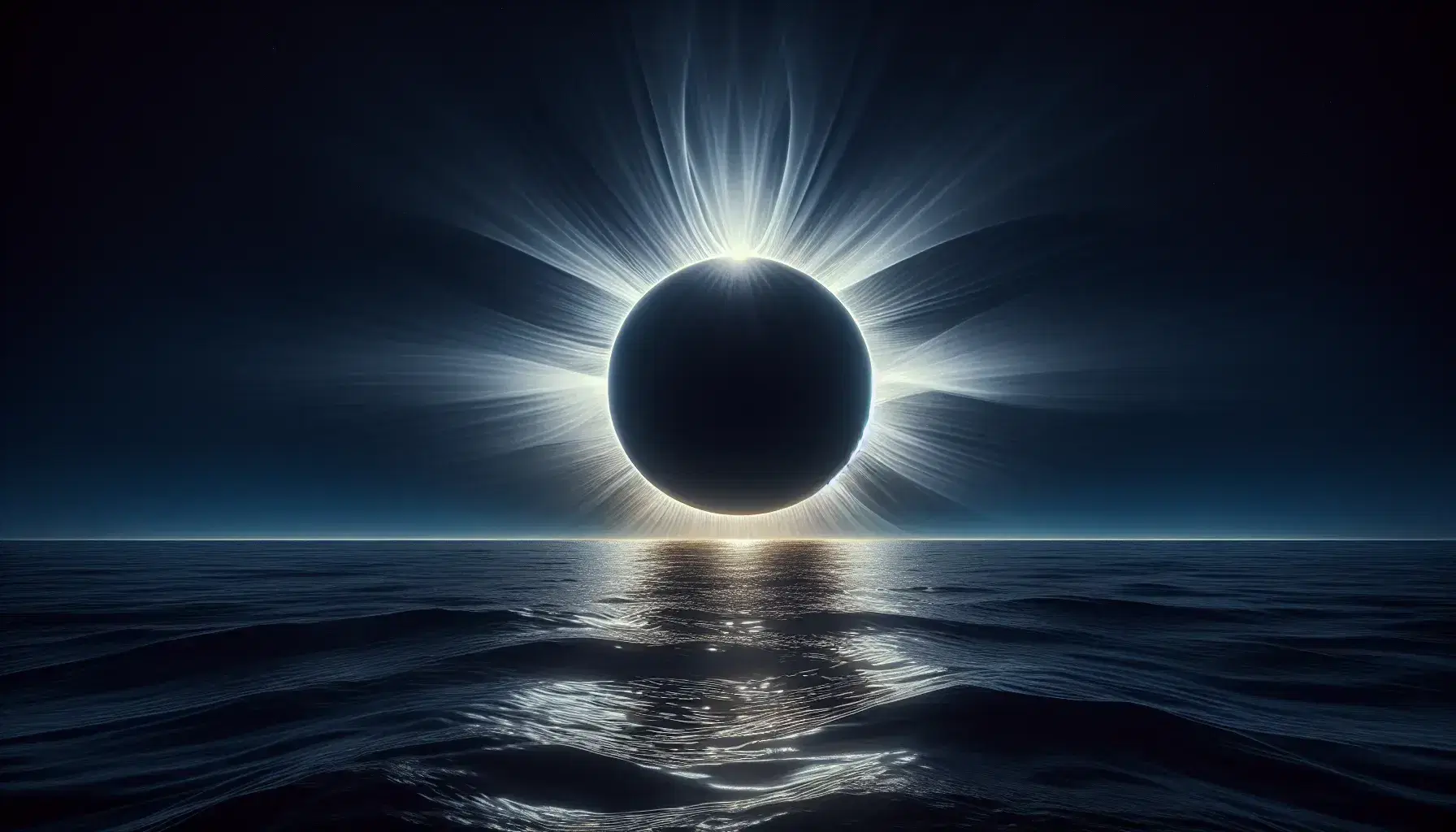 Eclissi solare totale con disco lunare che oscura il Sole e corona solare visibile su sfondo cielo notturno e orizzonte marino.