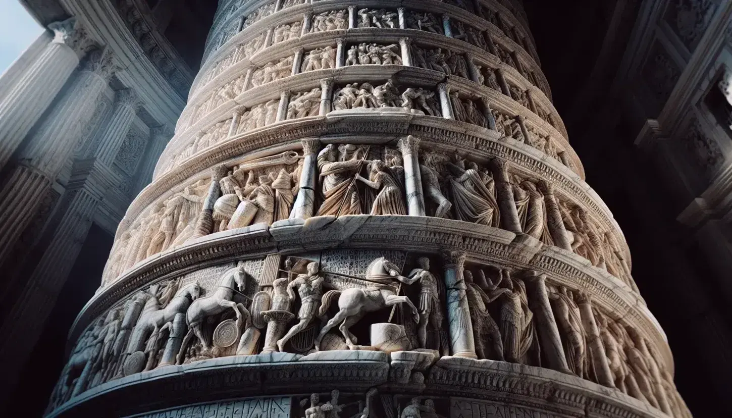 Colonna Traiana a Roma con bassorilievi dettagliati che raffigurano scene di battaglie e vita quotidiana dell'antica Roma.