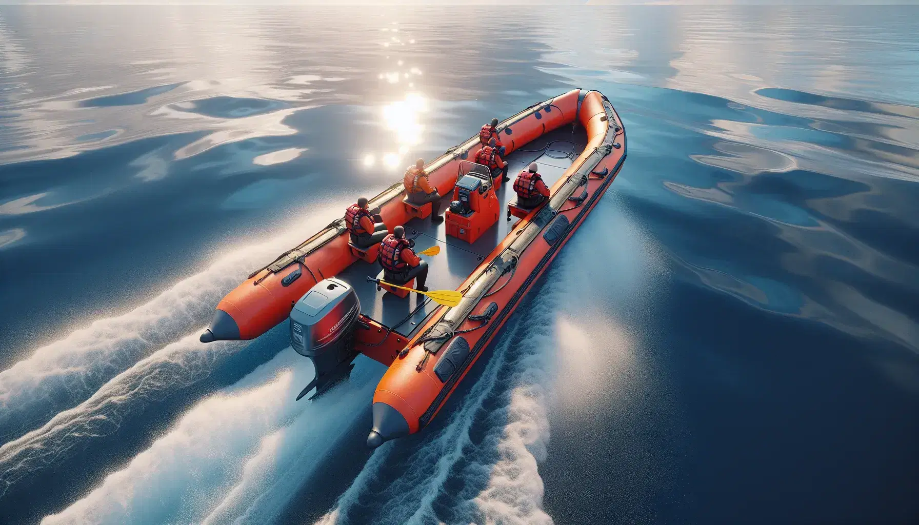 Bote inflable naranja en mar calmo con cuatro personas en trajes de neopreno, chalecos salvavidas rojos y cascos blancos, uno sosteniendo un remo amarillo.