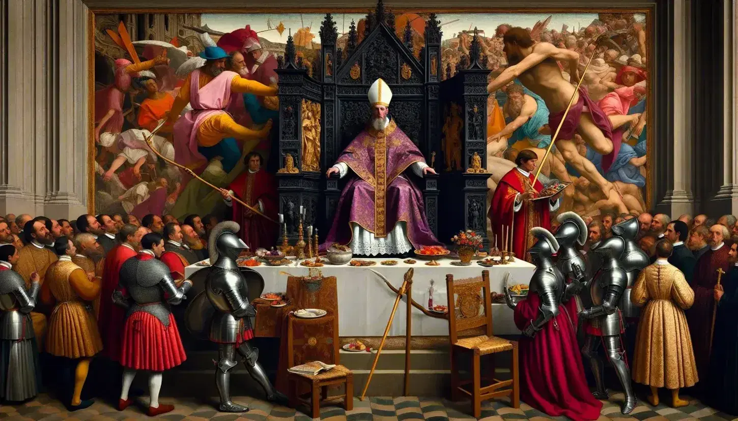 Scena rinascimentale in corte con figura religiosa in abiti pontificali, cavalieri in armatura, artista che dipinge un affresco e tavola imbandita.
