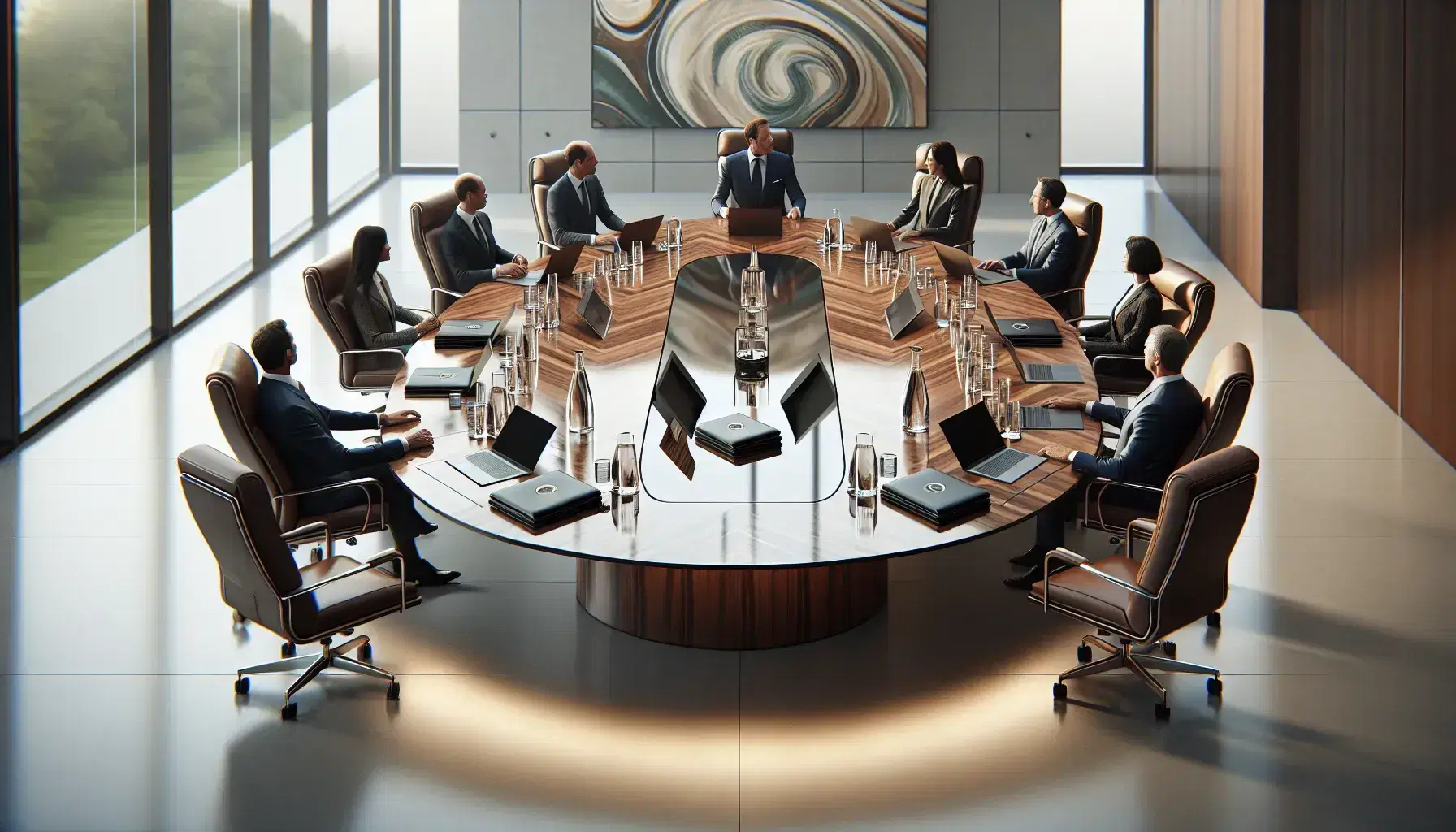 Diverse corporate team engaged in a boardroom meeting with laptops and water bottles on a large wooden table, abstract art on walls, city view through windows.