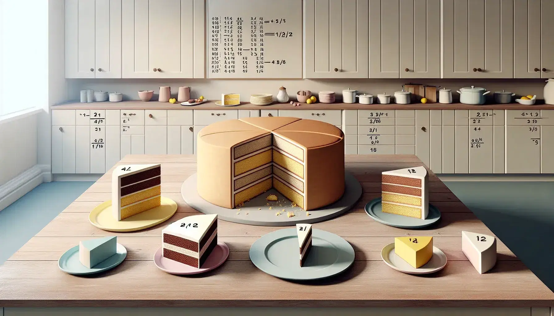 Torte colorate divise in frazioni su tavolo chiaro, con piatti pastello e sfondo cucina sfocato, senza persone.