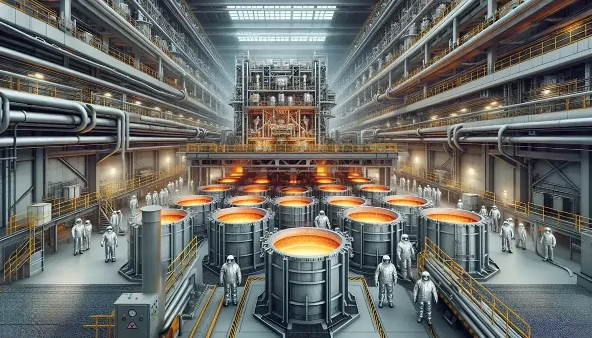 Industrial aluminum electrolysis plant with glowing rectangular cells, overhead cranes and workers in protective suits.