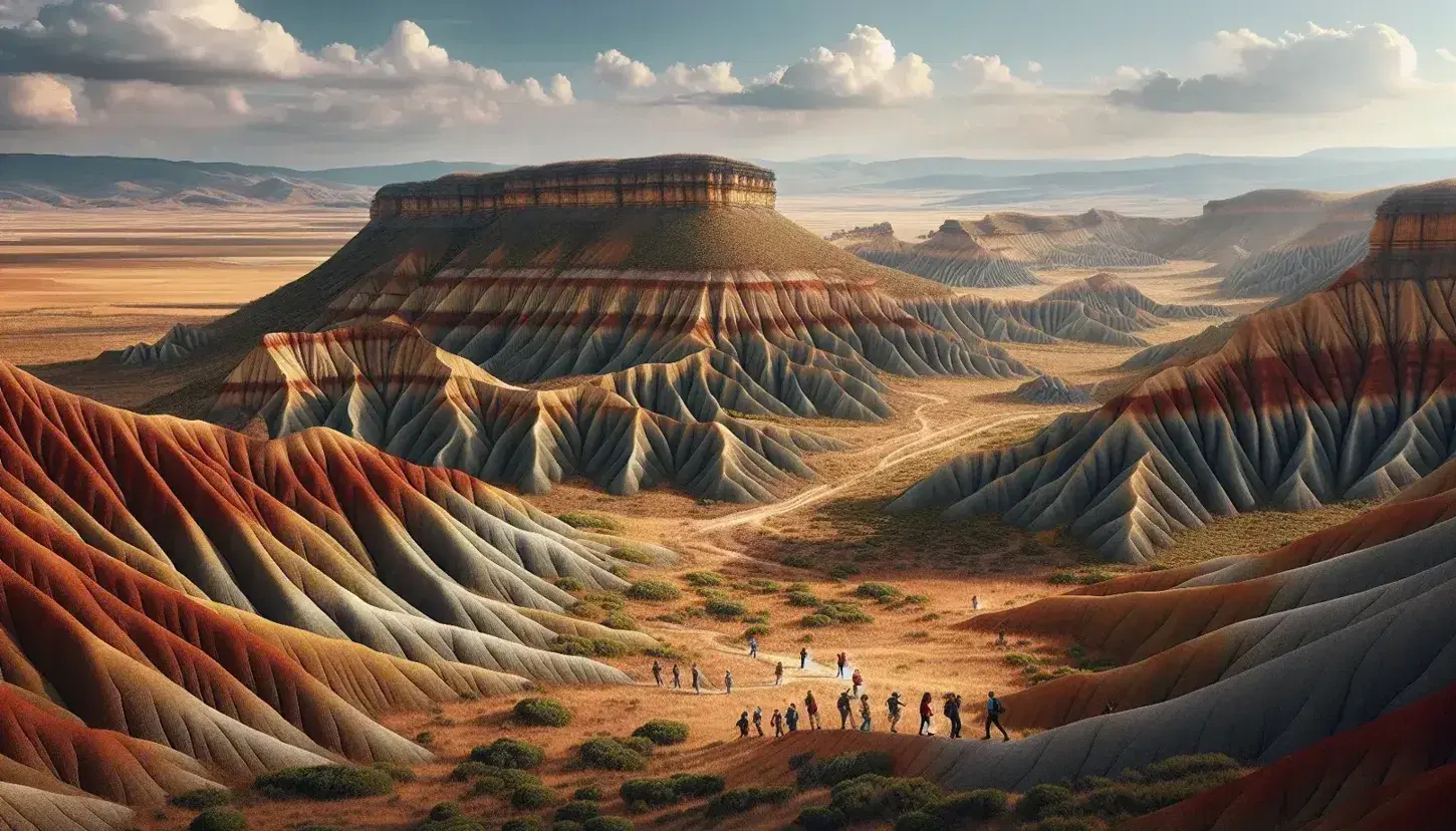 Vista panorámica de formaciones rocosas estratificadas en tonos rojizos y grises en la península ibérica, con una llanura y exploradores a la distancia bajo un cielo azul con nubes dispersas.
