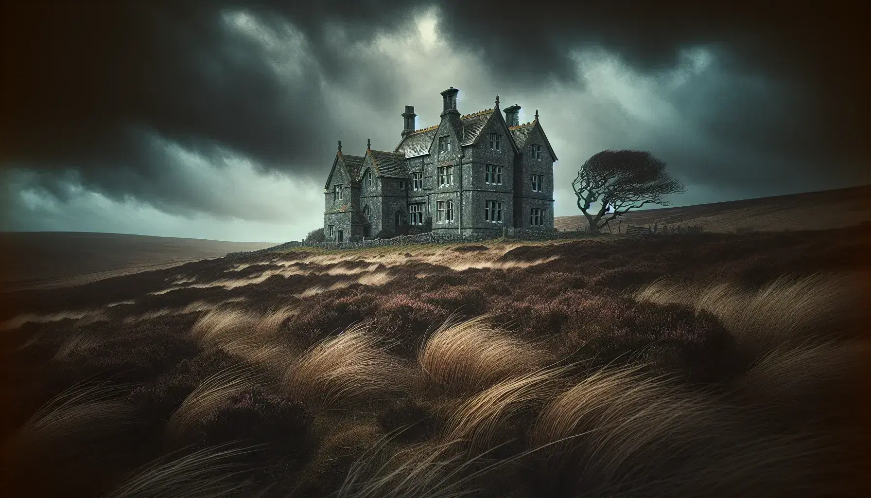 Weathered stone manor on a moor with heather and grasses under a brooding sky, flanked by a gnarled tree, evoking solitude and mystery.