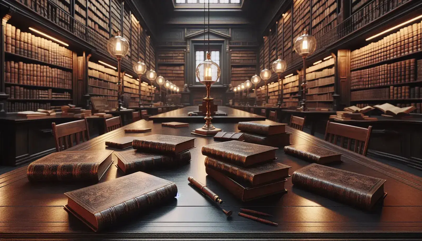 Tavolo in legno con libri antichi in aula universitaria o biblioteca storica, scaffali pieni di volumi e lampada da tavolo accesa.
