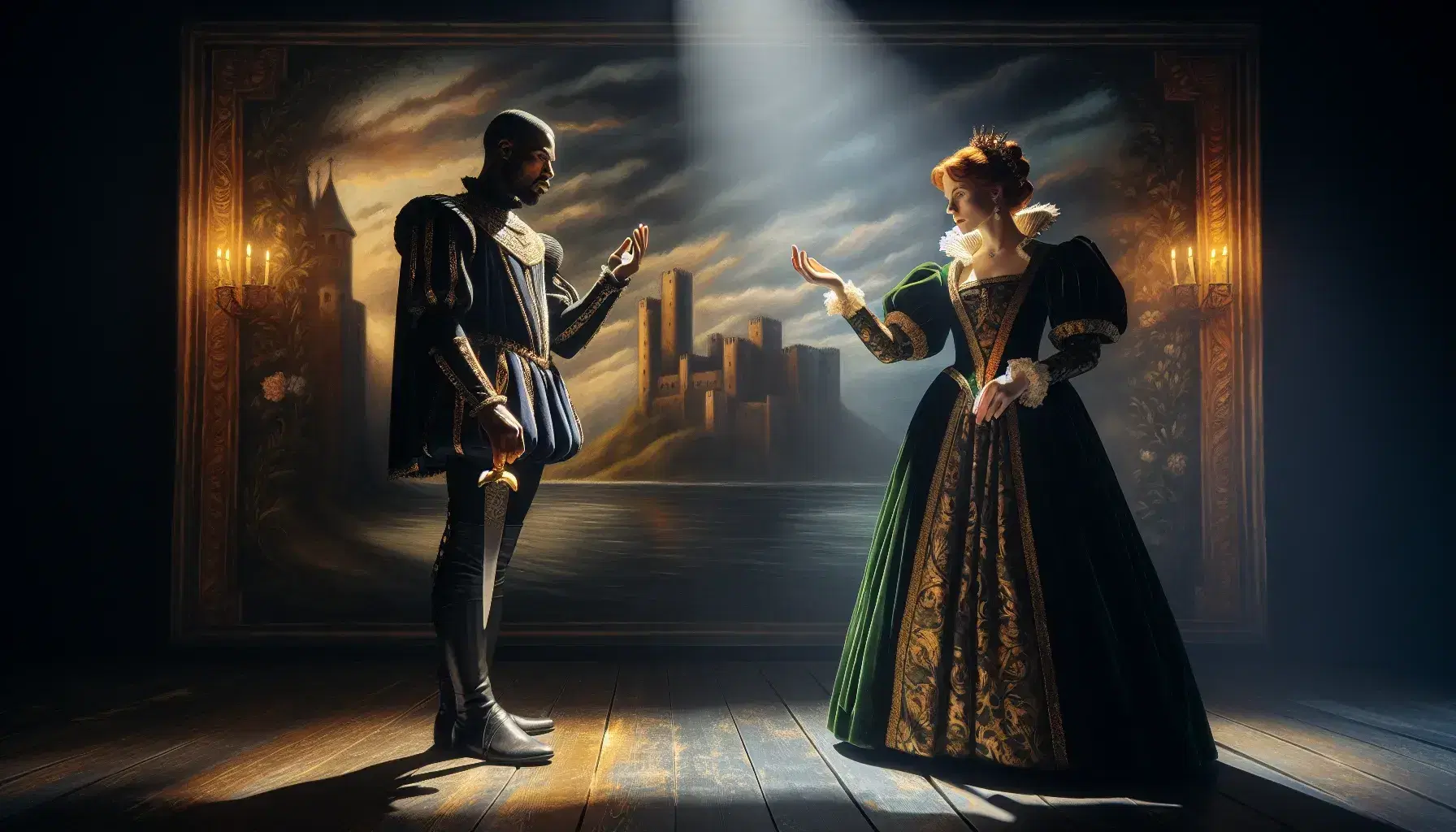 Scena teatrale con uomo in costume d'epoca come Otello e donna in abito verde come Lady Macbeth su palcoscenico con sfondo di castello medievale.