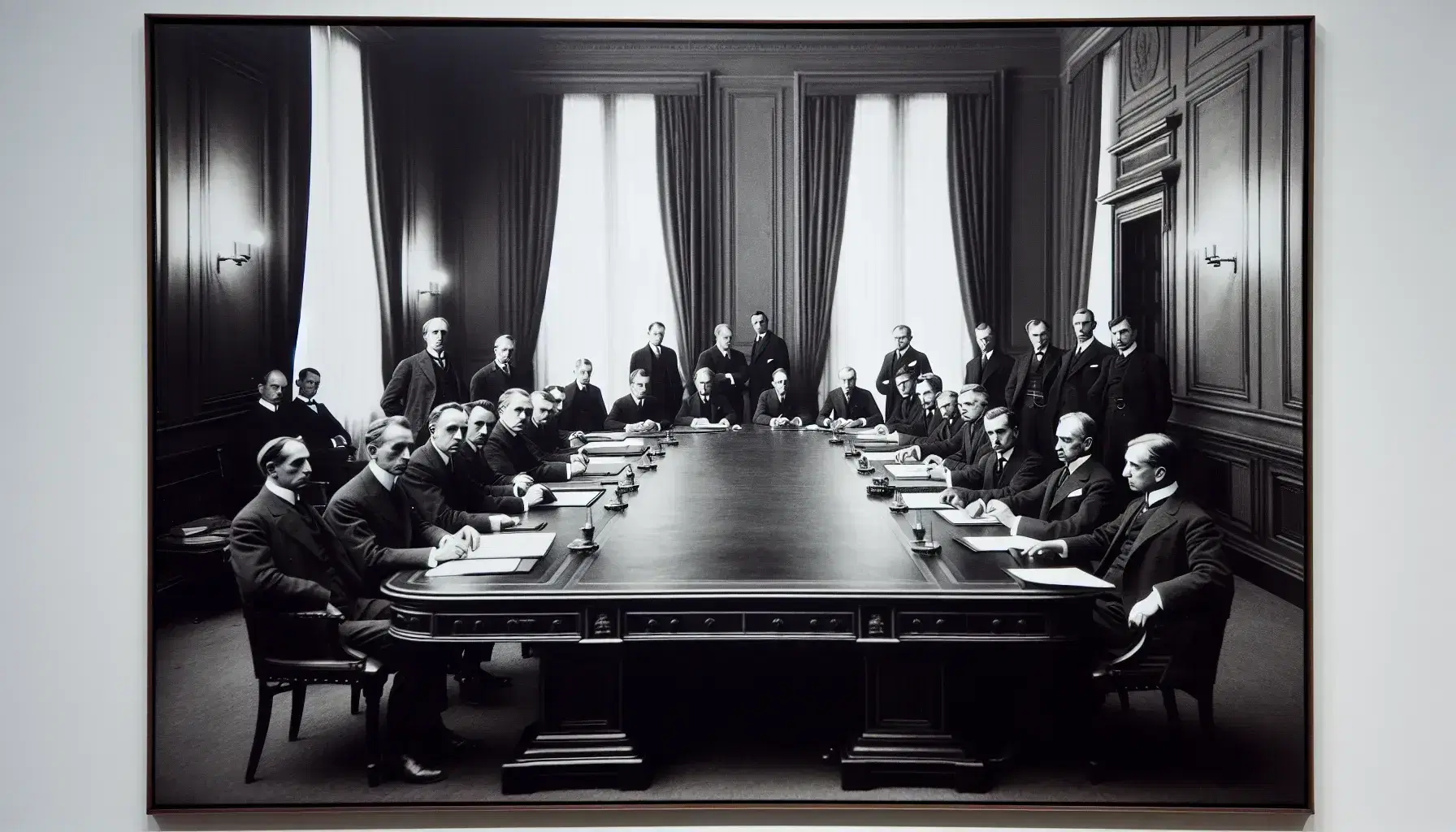 Grupo de hombres en trajes formales de época reunidos alrededor de una mesa en una sala iluminada discutiendo documentos importantes, evocando una atmósfera seria y enfocada.