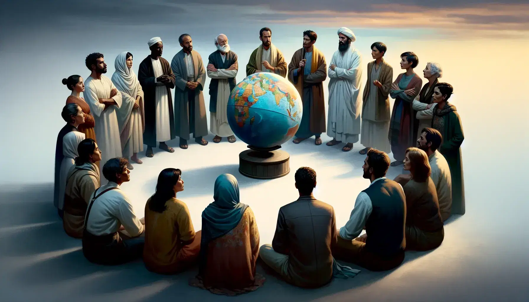 Diverse group of people in traditional and modern attire encircle a globe on a pedestal, engaged in a discussion, against a soft-focus earth-toned backdrop.