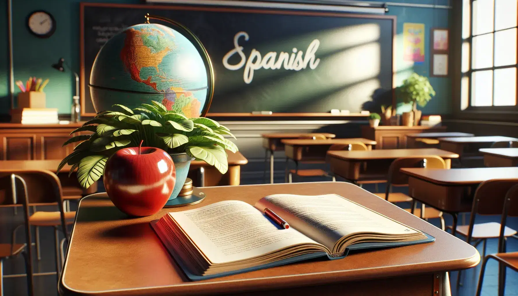 Vibrant Spanish language classroom with a teacher's desk, open textbook, red apple, clean chalkboard, globe, potted plant, and rows of student desks.